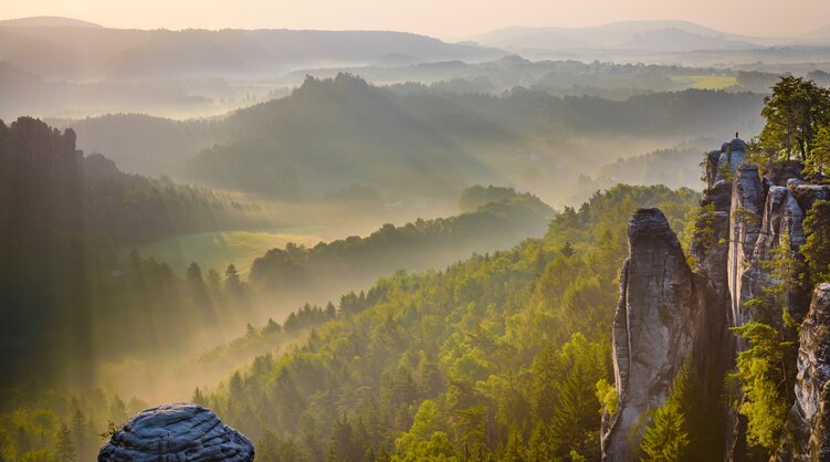 nebelverhangene Landschaft des Elbsandsteingebirges in der Sächsischen Schweiz